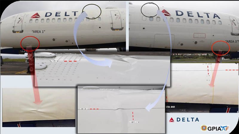 Daños en el fuselaje del avión Boeing 757 matrícula N543US de Delta Airlines tras el aterrizaje