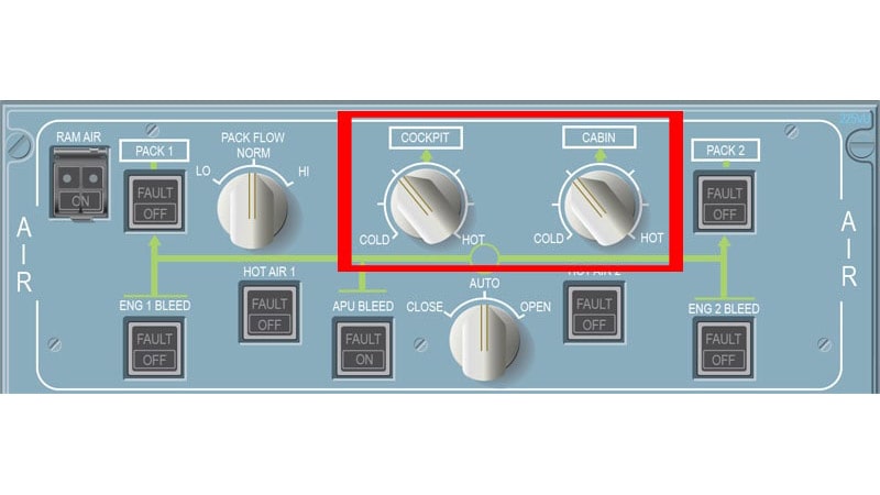 Enmarcados en rojo, selectores de temperatura de la cabina situados en el panel de aire acondicionado de un Airbus A330