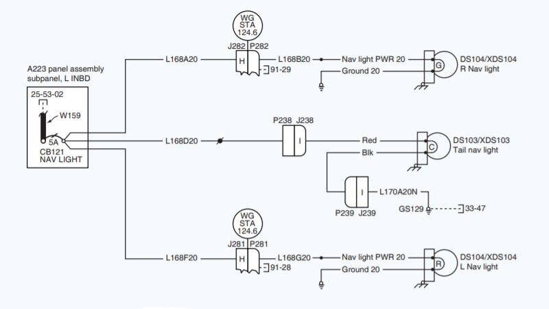 Esquema eléctrico de las luces de navegación de un avión