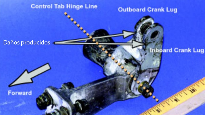 Detalle de los daños producidos al soltarse la barra de control de la aleta del elevador del vuelo 17 de EWA